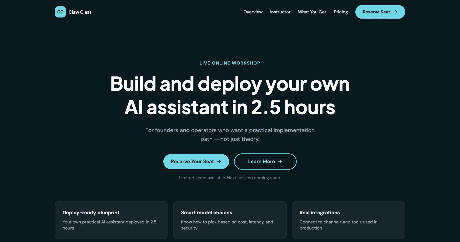 Claw Class — Workshop landing page for an AI assistant course