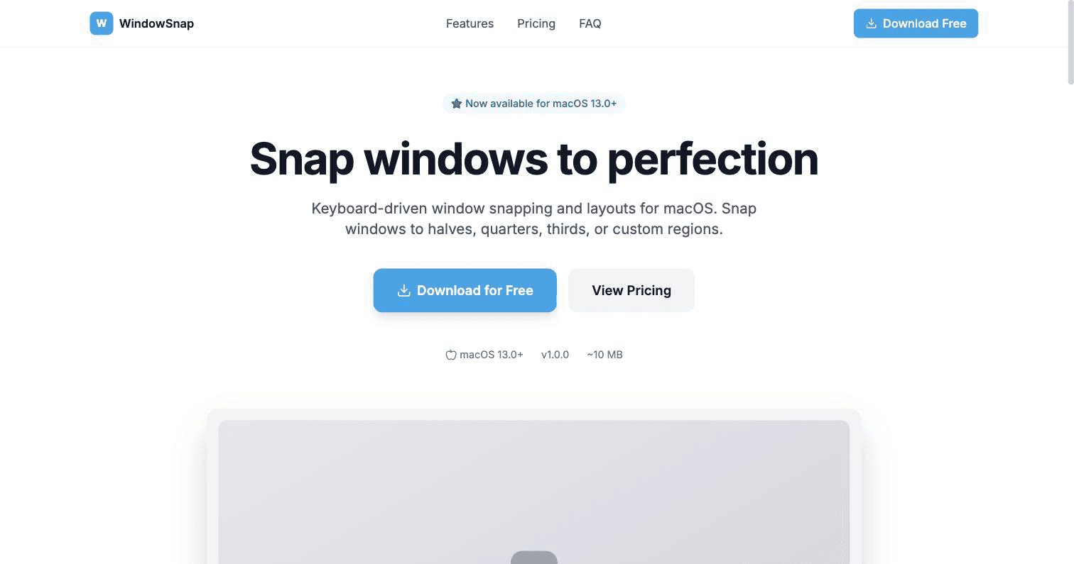 WindowSnap — Landing page for a macOS window manager